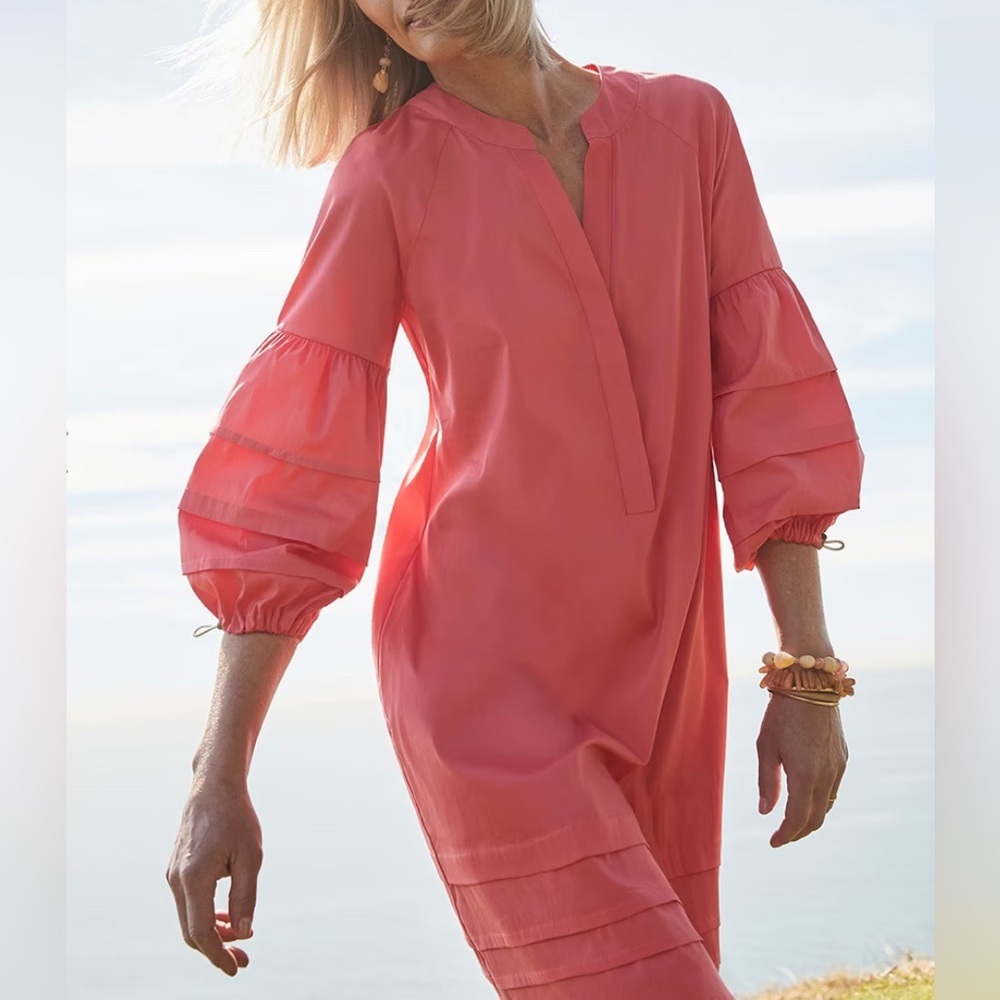 Chicos Pleated Puff-Sleeve Poplin Dress